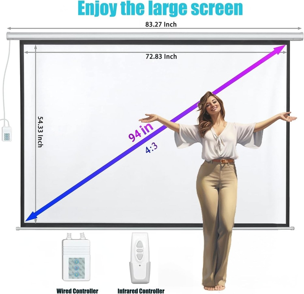 94" Motorized Projector Screen, Electric 4:3 Projector Screen with Remote Con...
