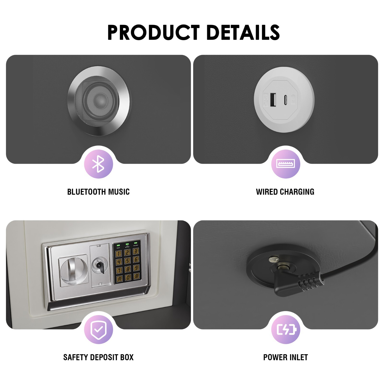 Dark Gray Double Drawer Smart Bedside Table with Safe + Wireless Charging