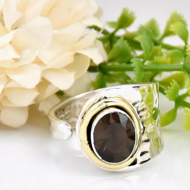 Solid 925 Sterling Silver Natural Smoky Quartz Gemstone Hammered Adjustable Ring