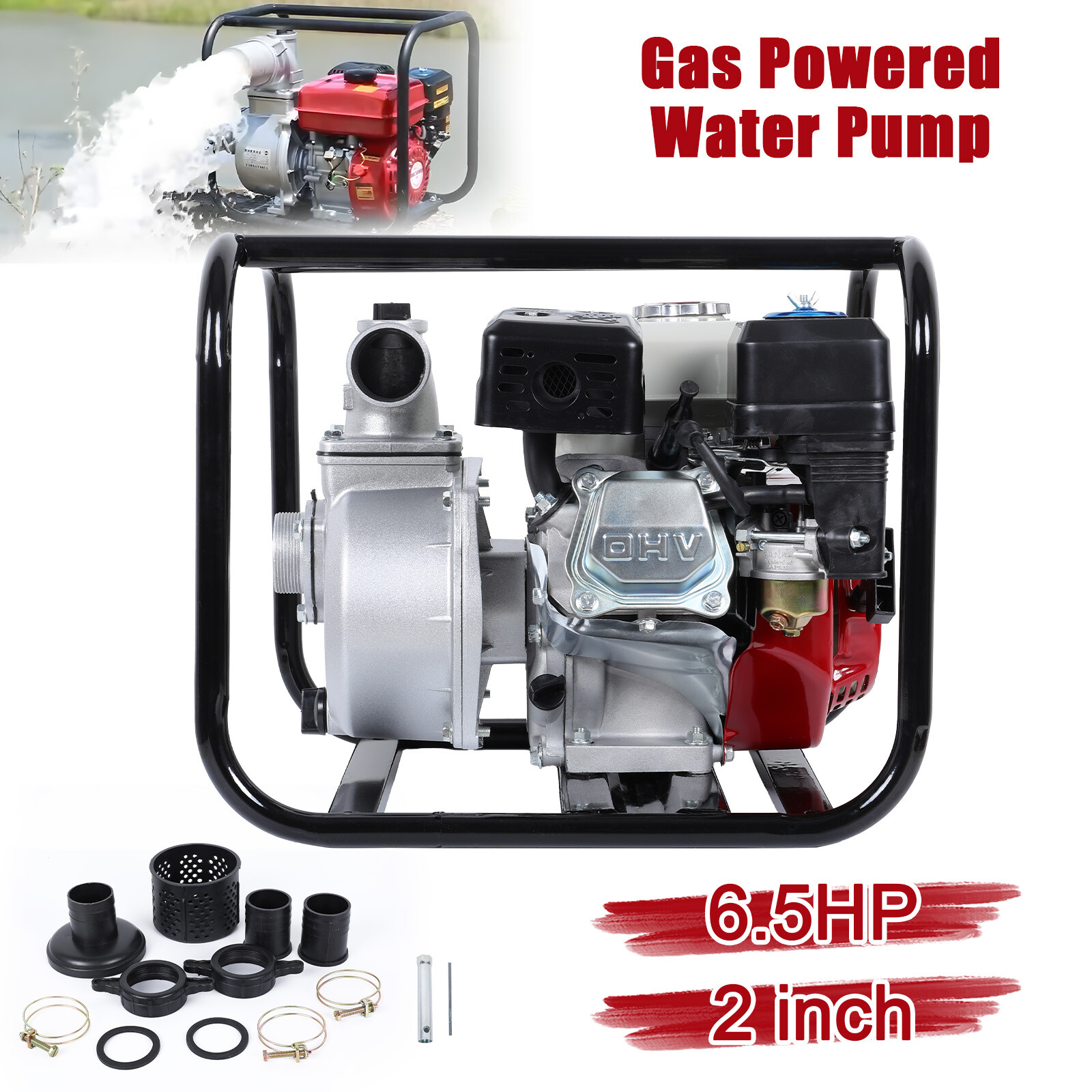 6.5HP 4 Stroke Gasoline Engine Water Pump 2 in Gas-Powered Semi-Trash Water Pump