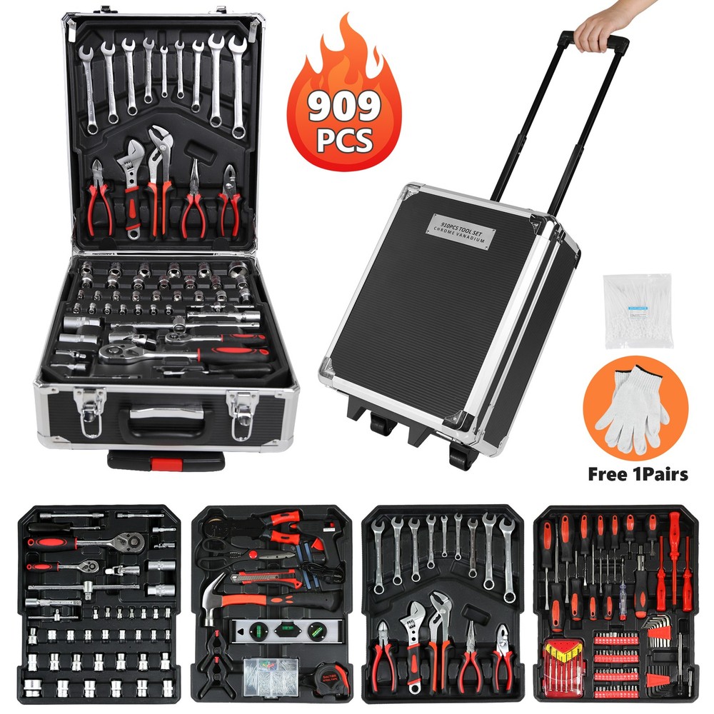 909-Pc Pro Tool Set w/4-Drawer Rolling Case - Complete Home & Auto Kit