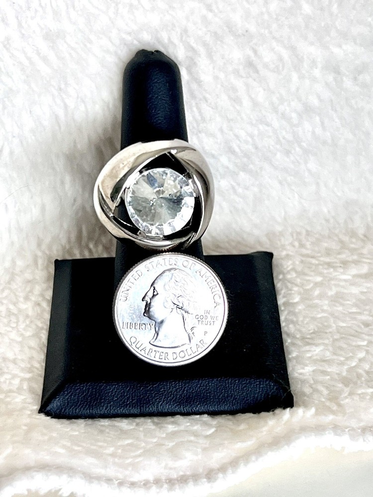 Silver and Crystal Wire Wrapped Button Ring Statement Piece Size 7