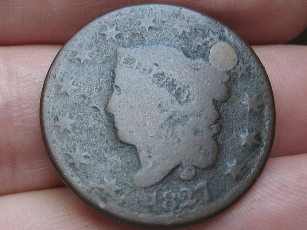 1827 Matron Head Large Cent Penny- Slightly Rotated Reverse, About Good Details