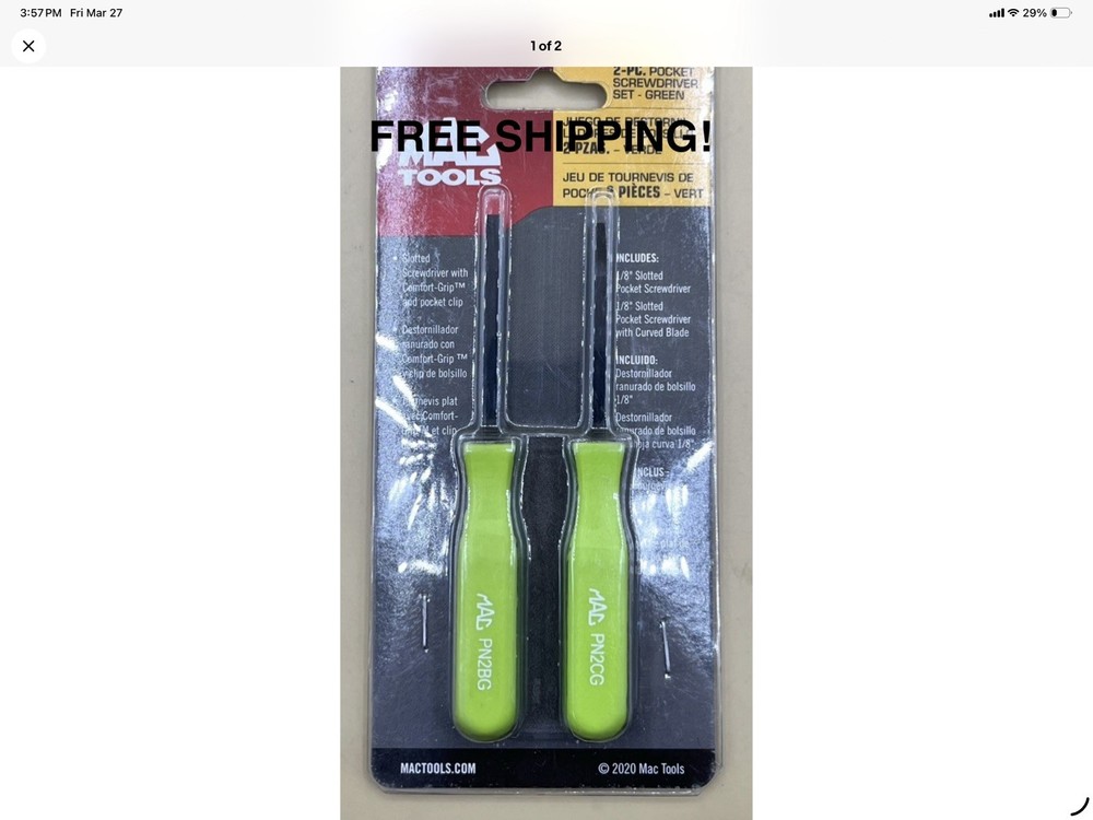 MAC TOOLS SDP2G 2PC PRECISION COMBINATION SCREWDRIVER SET  GREEN - FREE SHIPPING