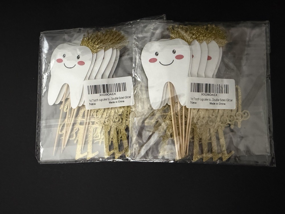 24 pc. First Tooth Cupcake Picks - Double Sided Glitter