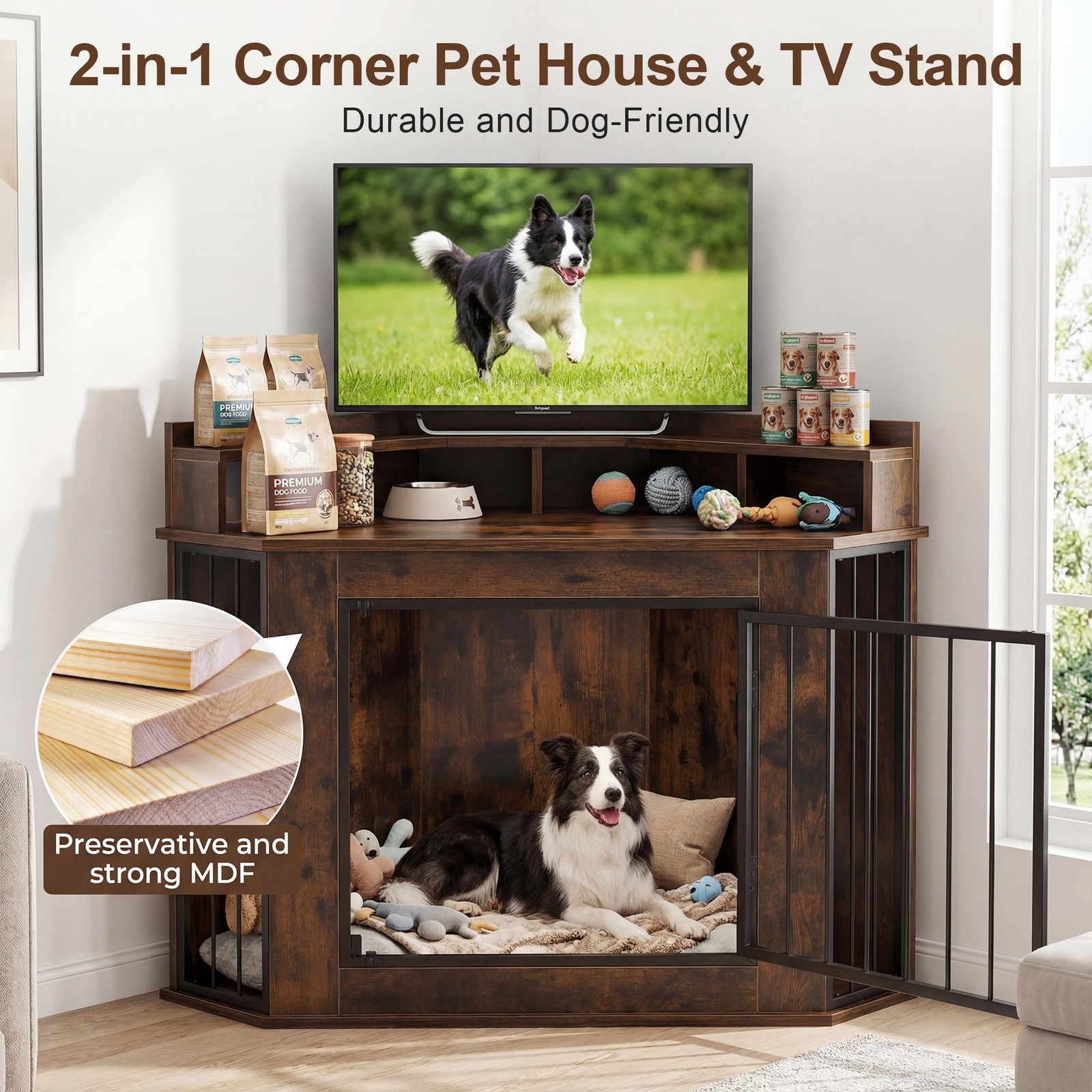 Corner Dog Crate Furniture Wooden 2-Tier Storage Shelves Anti-Chew TV Stand