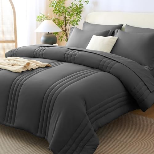 Size Comforter Sets - 7 Piece Bed in a Bag Comforter Set with Queen Dark Grey