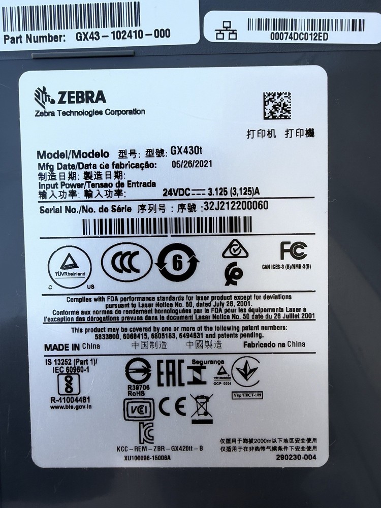 Zebra GX430T Thermal Transfer Barcode Label Printer 300 dpi USB Ethernet Serial