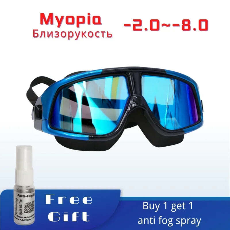 Adjustable Myopia AntiFog Swimming Goggles Set  Blue