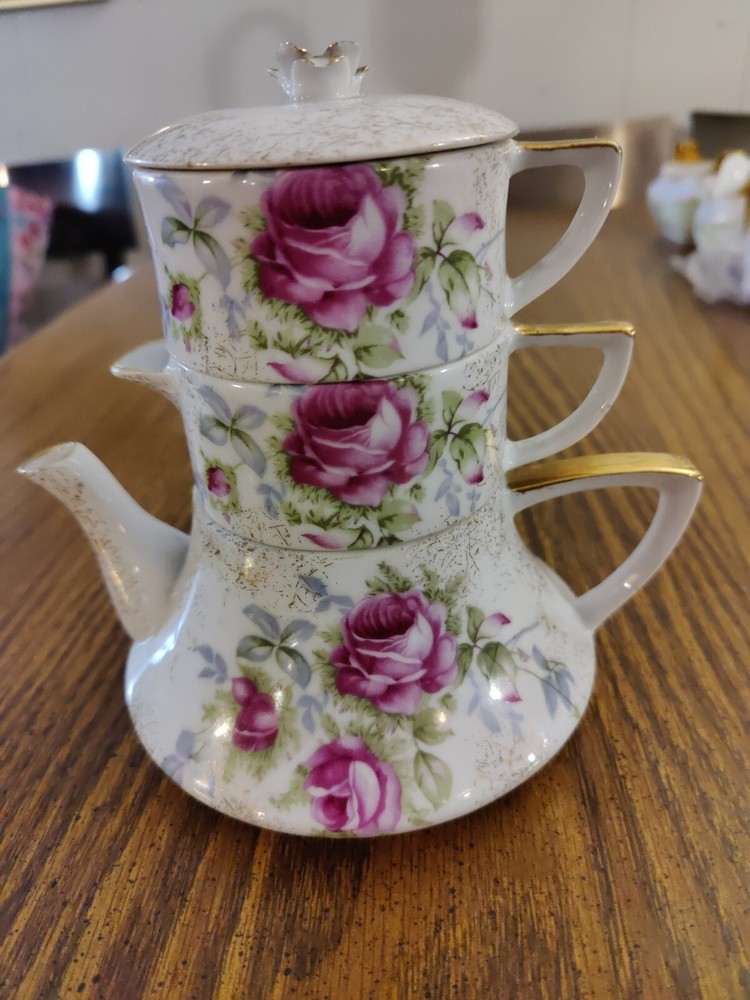 NORCREST BRESDEN ROSE MOTIF STACKABLE 4-PIECE INDIVIDUAL TEA SET.
