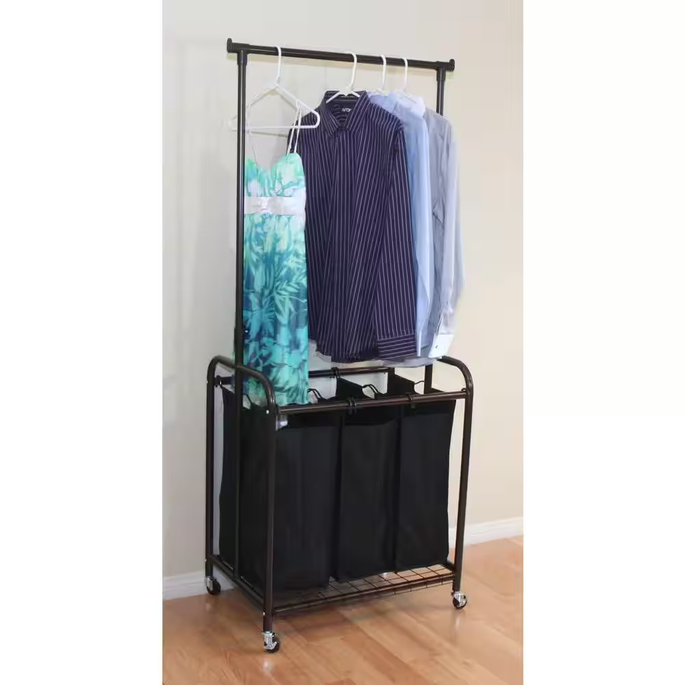 3-Bag Bronze Rolling Laundry Sorter with Hanging Bar