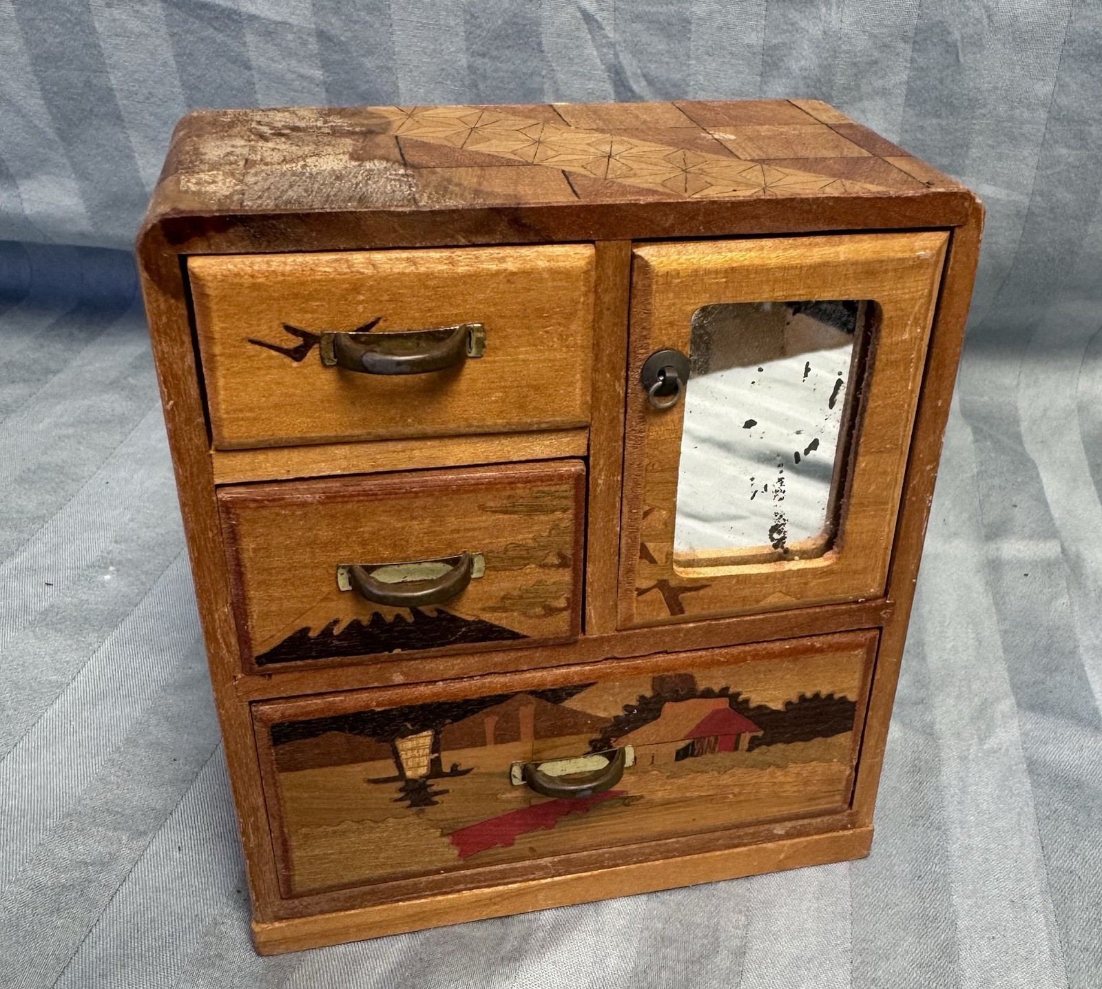 Japanese Vintage Wood Doll House Dresser Yosegi Marquetry Painted with Mirror