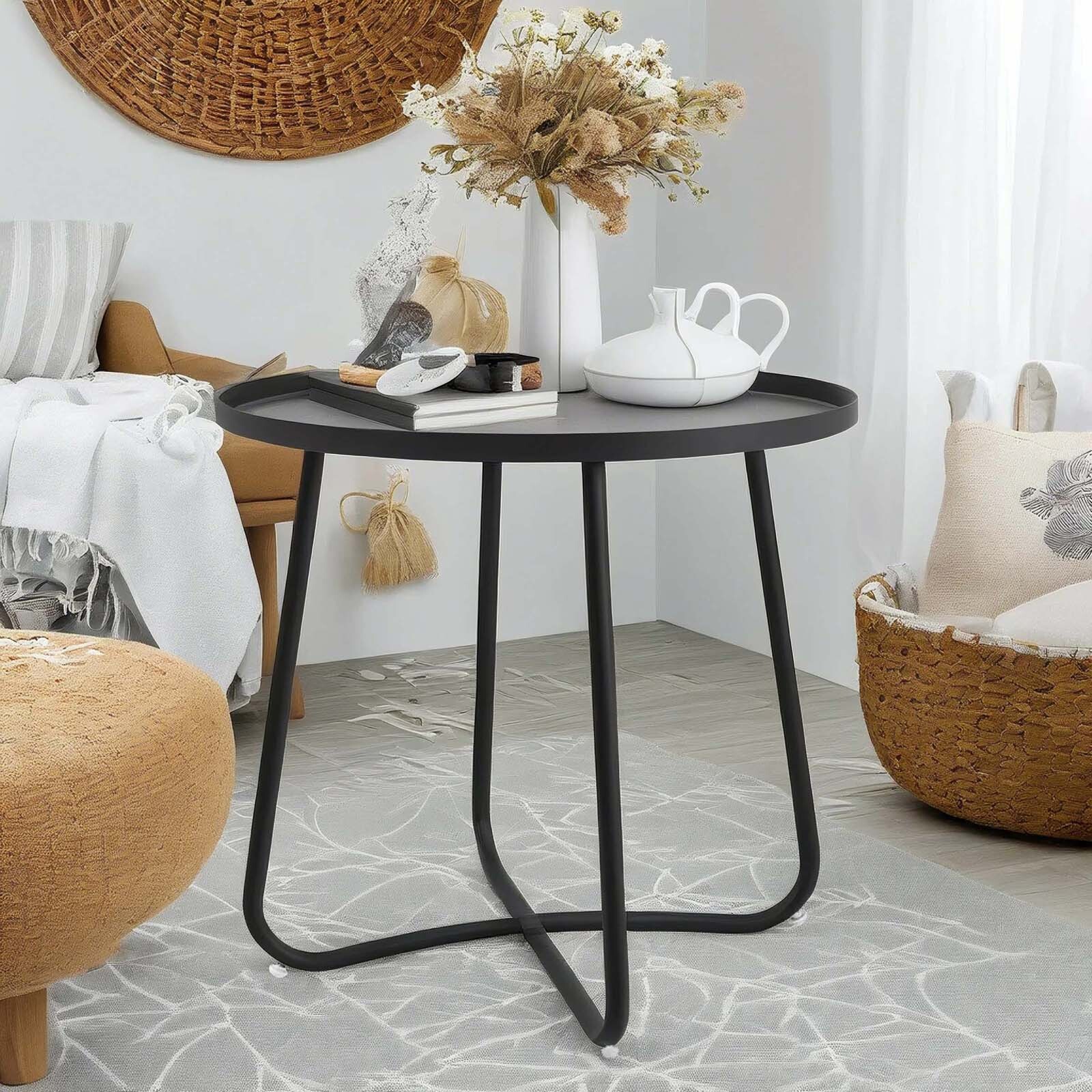 Patio Outdoor Side Tables Small Round Metal End Table Portable Garden Black