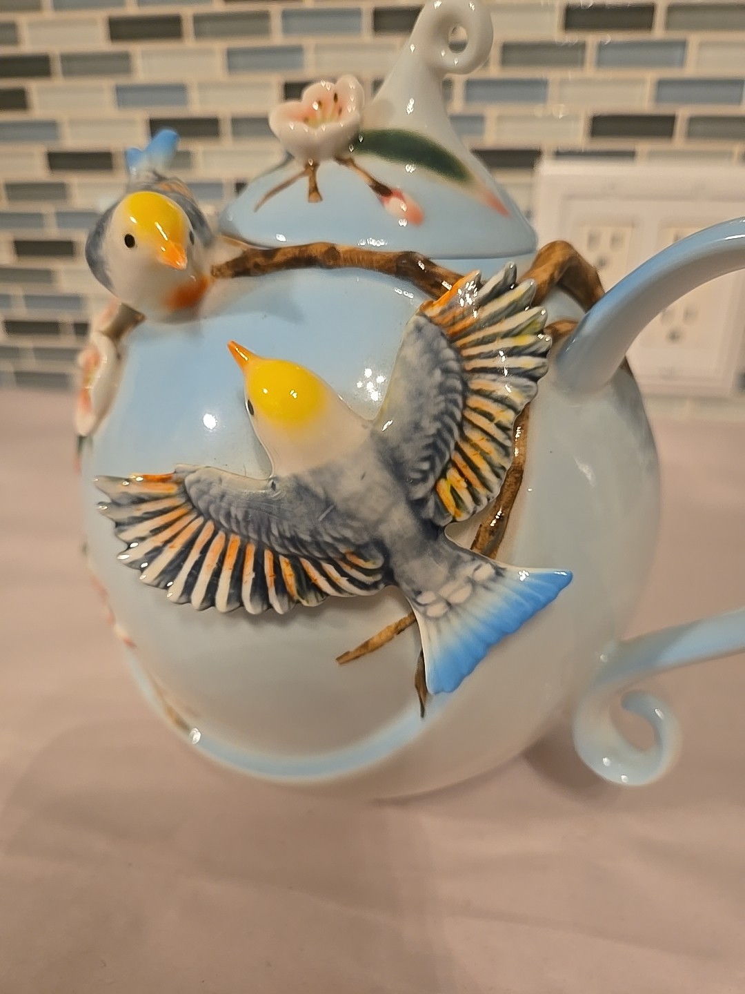 Pier 1 Imports Hand Painted Porcelain 3D Decorative Teapot Birds Flowers 7”