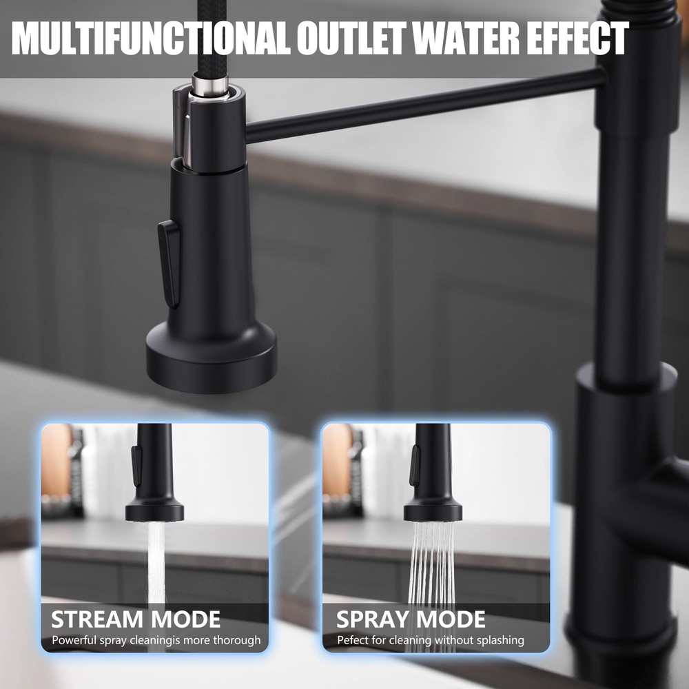 Black Kitchen Faucet with Pull Down Sprayer Single Hole Spring Kitchen Sink F...