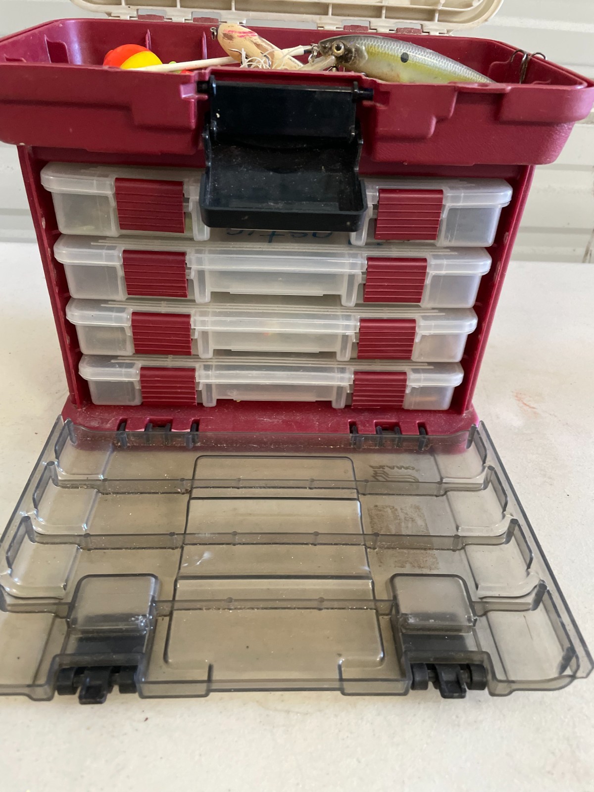 Plano Fishing Tackle Box Including Lot of Lures Hooks Weights Worms