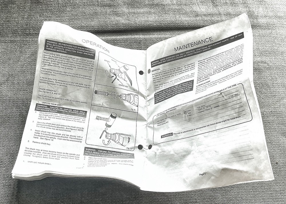 Sears Craftsman 3/8" Drill Corded Variable Speed Reversible,Model 315.101400+Bit