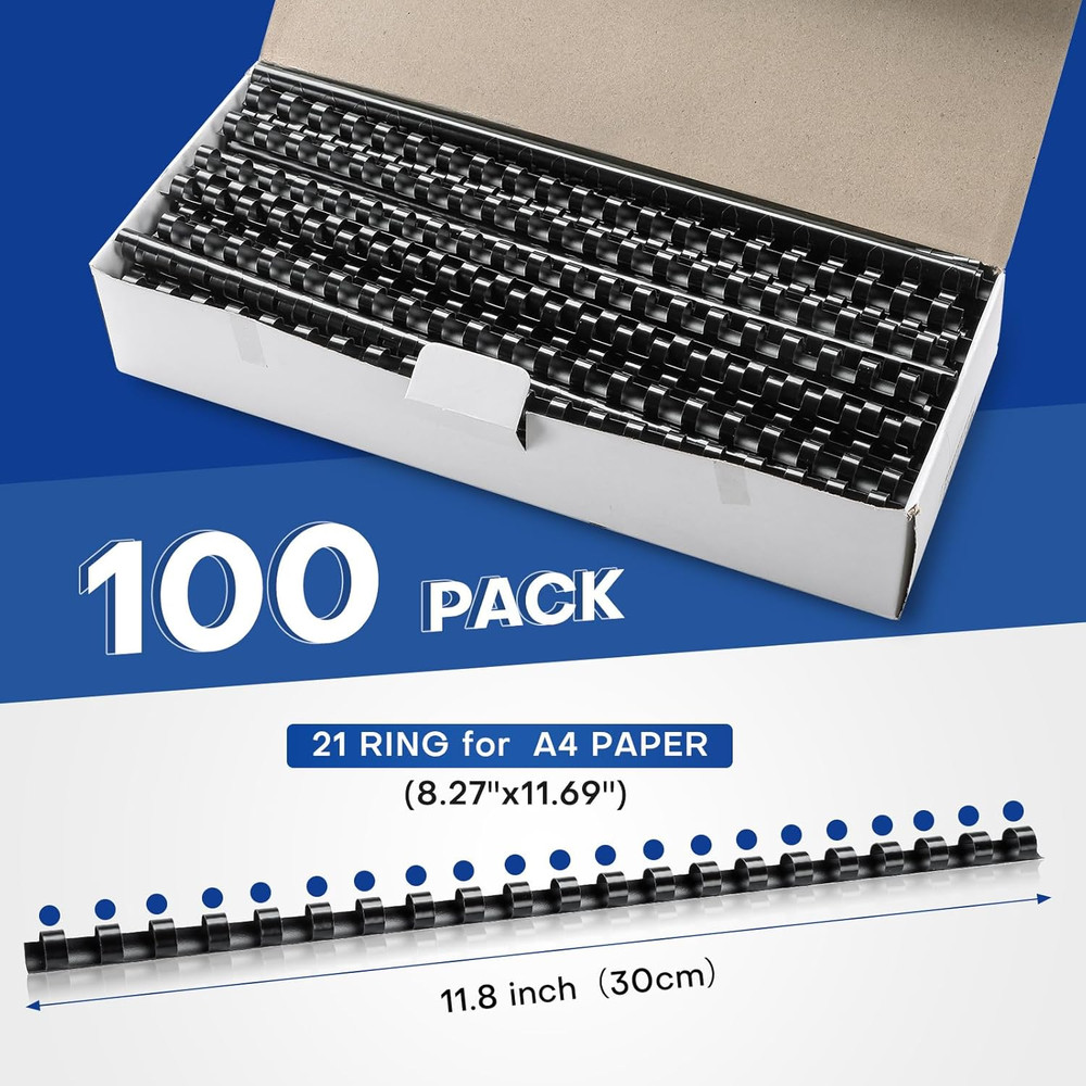 100 Pack 21 Ring Plastic Comb Binding Spines | 1/4 Inch Diameter, 20 Sheet Ca...