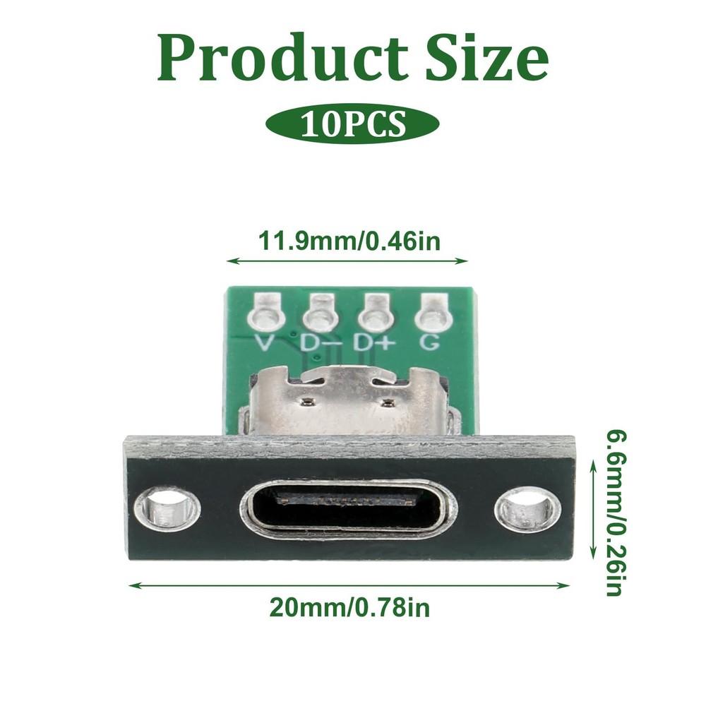 10 Pcs USB C Panel Mount Connector DIY Type C Female Socket Green