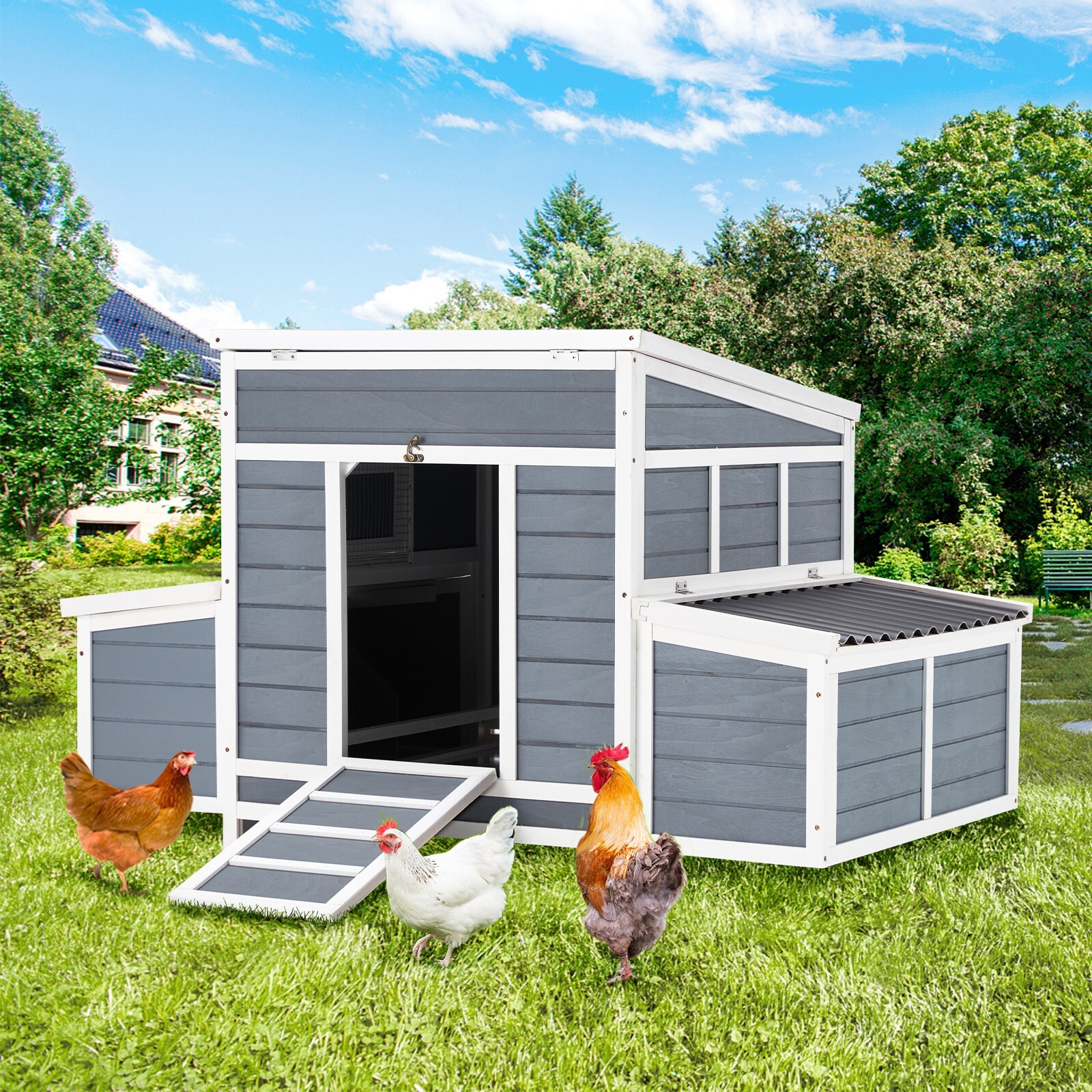 56" Wooden Large Chicken Coop W/ 6 Nesting Boxes Hen House Outdoor Chicken Cage