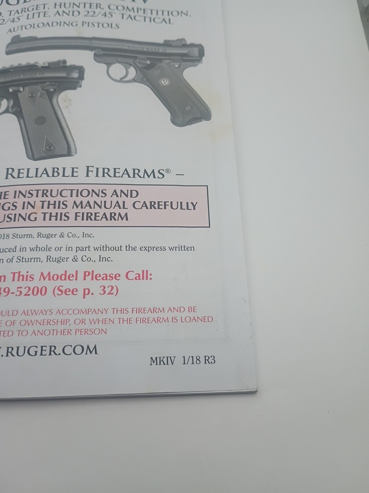 Ruger Mark IV Autoloading Pistol Owners Manual 2018