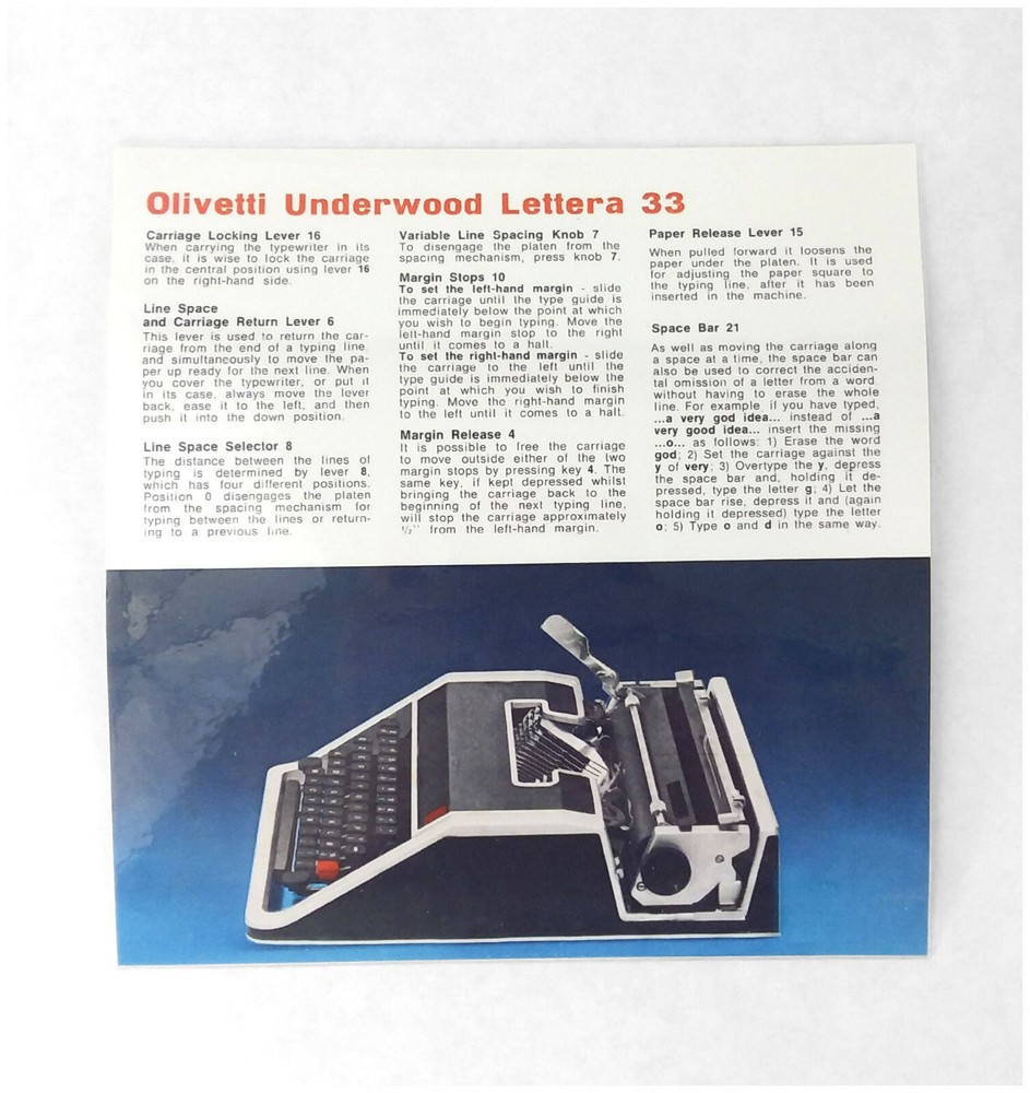 Olivetti Lettera 33 Typewriter Owner's User Instruction Card Guide