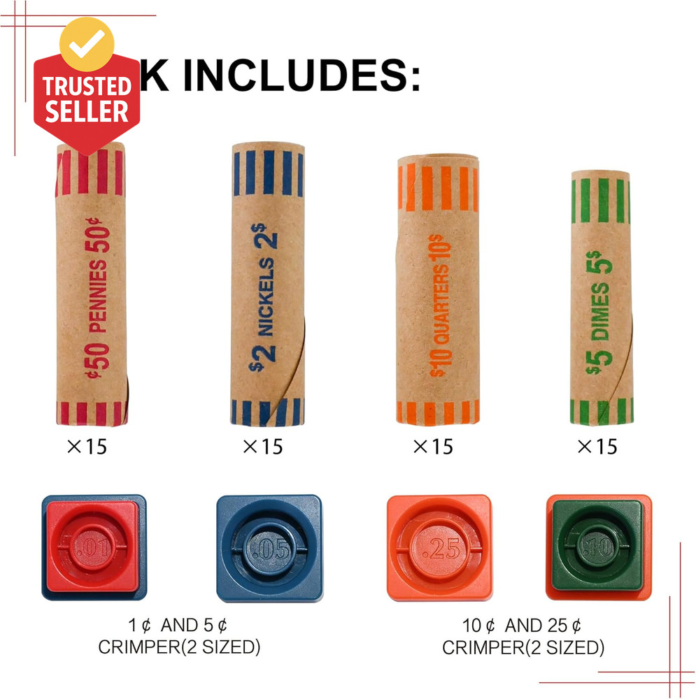 60 Assorted Coin Roll Wrappers with Color Coded Coin Wrapper Crimping Tool -(Qua