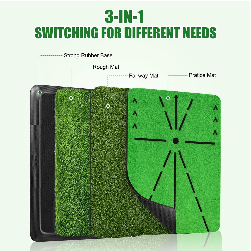 Golf Hitting Mat with Full Antislip & Repalce Base Design, 3-in-1 Golf Practi...