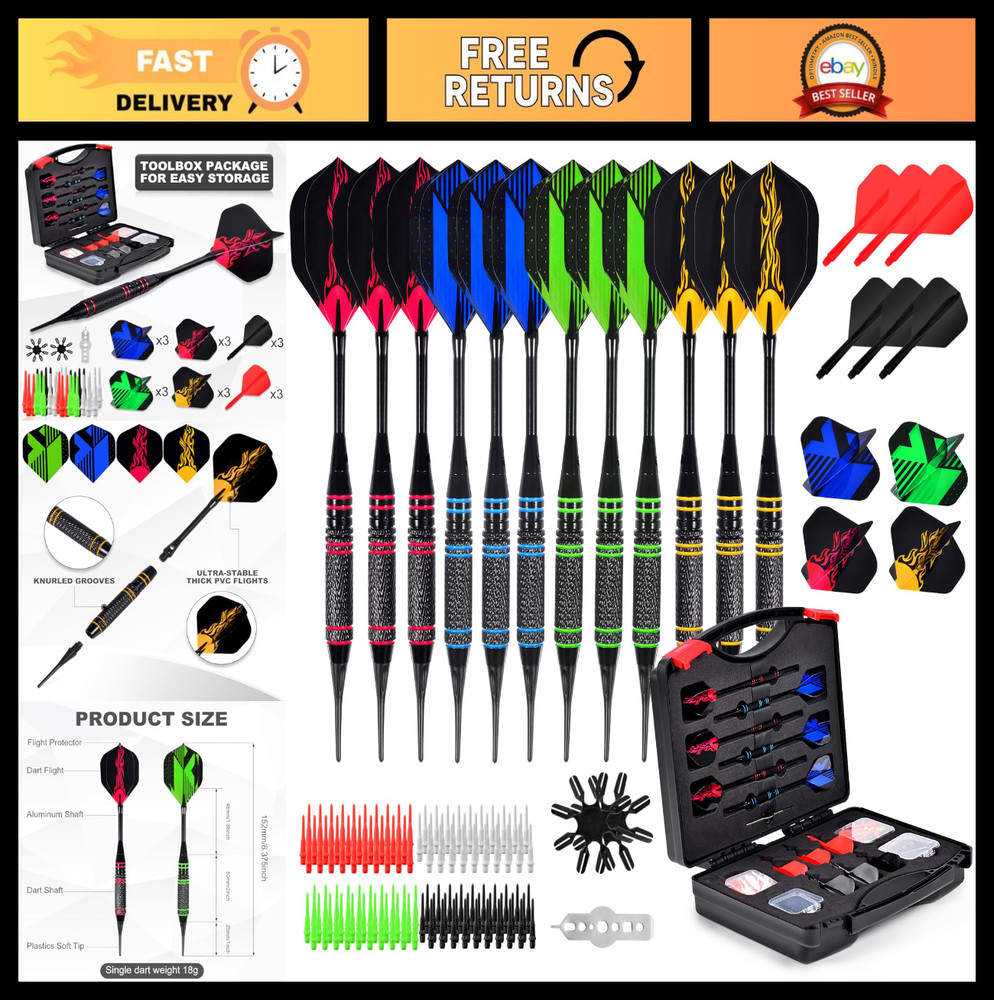 Professional 12-Pc Plastic Tip Dart Set, 18g, 120 Extra Tips, Flight Protector &
