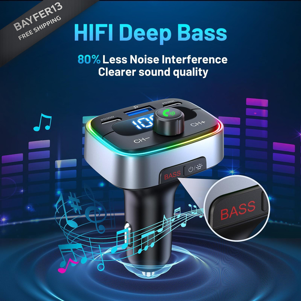 HUNDRUP Bluetooth 5.4 Car Adapter 60W Charging USB Black