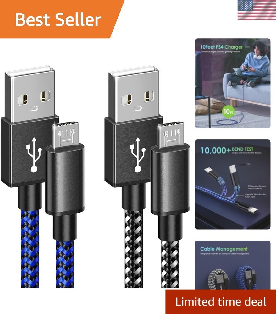 2-Pack 10ft Nylon Charging Cables for PlayStation & Android Devices