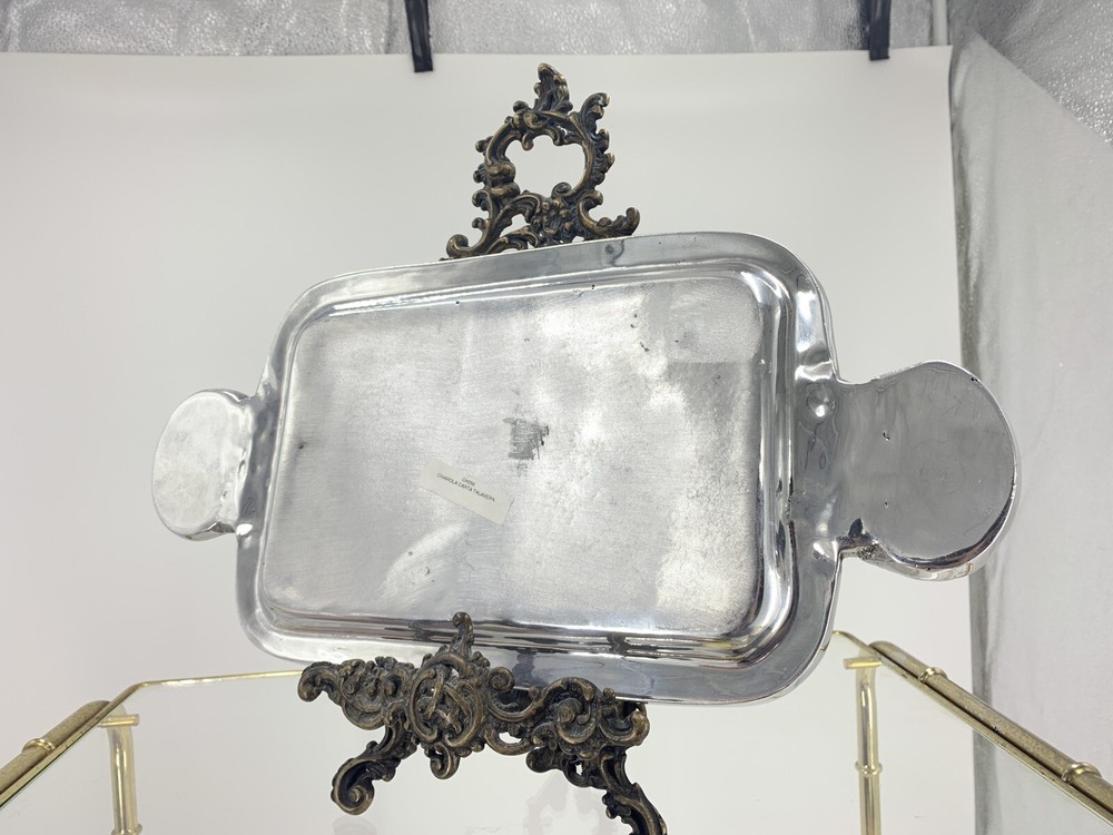 Pretty Medium 15” silver Metal plate tray with Handles Decorated With Tile