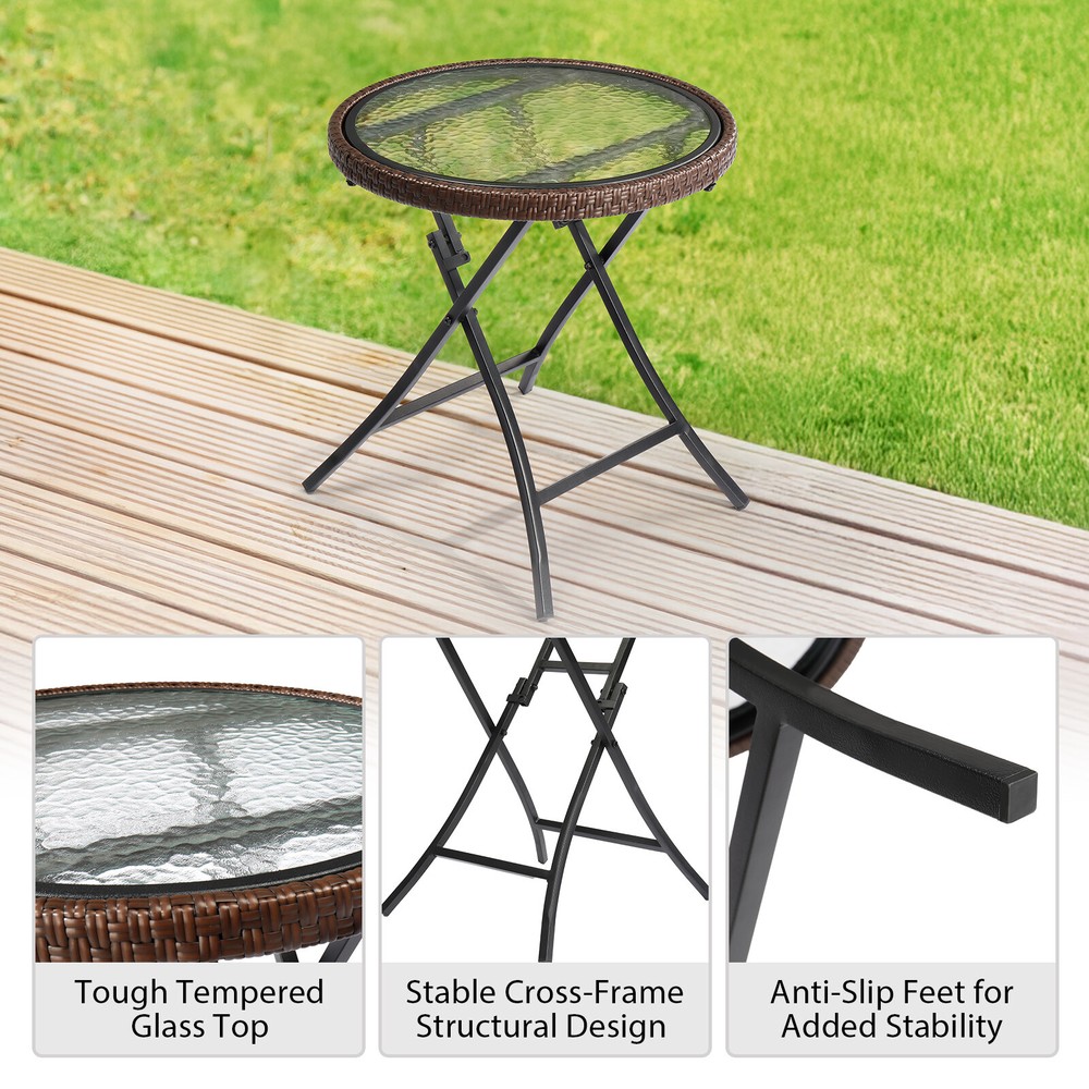 Round Rattan Side Table Foldable Wicker Table with Tempered Glass Table Top