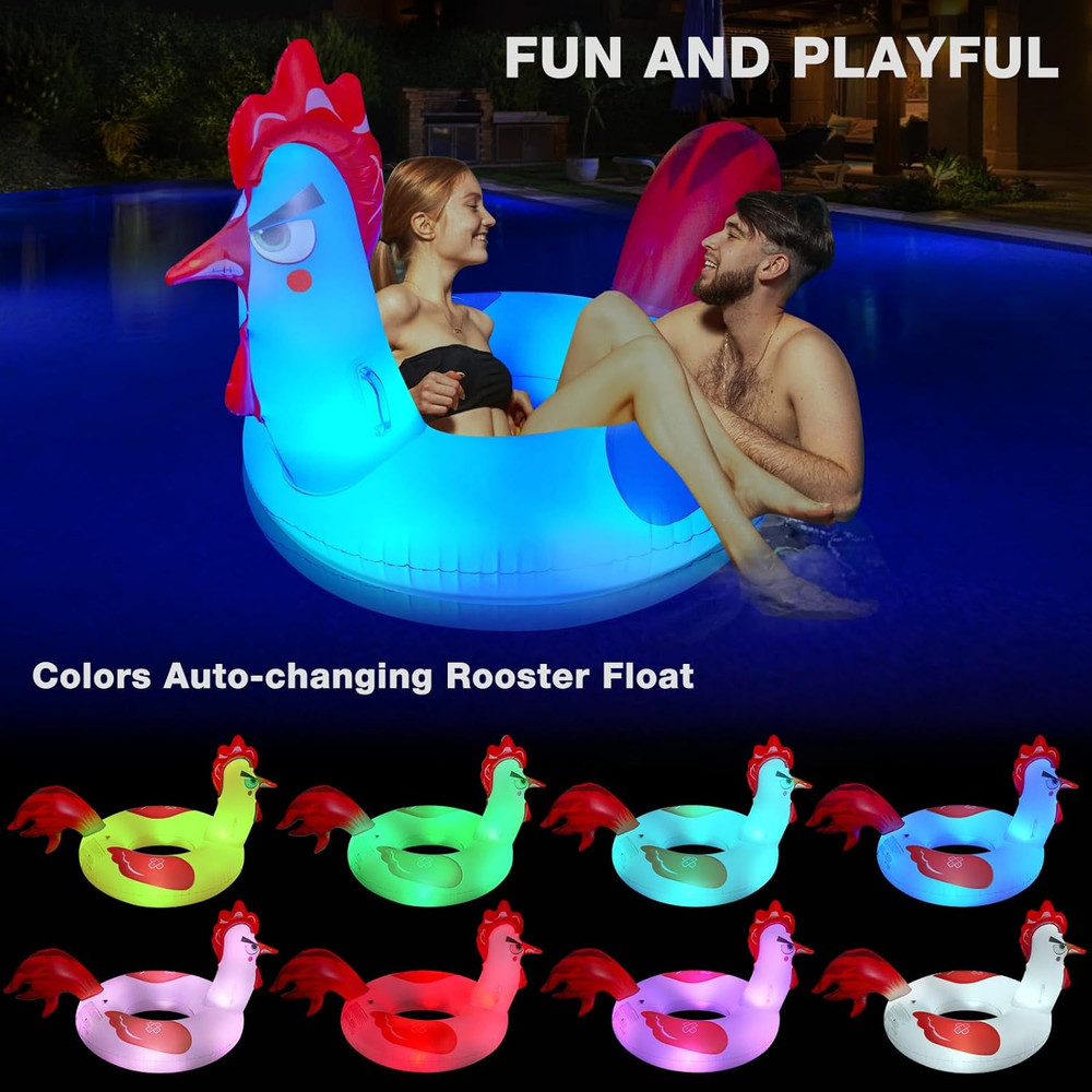 Inflatable Pool Floats with Lights, 63" Chicken Pool Floaties with Solar Powered