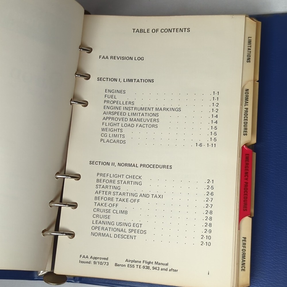 Beechcraft E55 & E55A Baron Pilot's Operating Handbook TE-938, TE-943 1973
