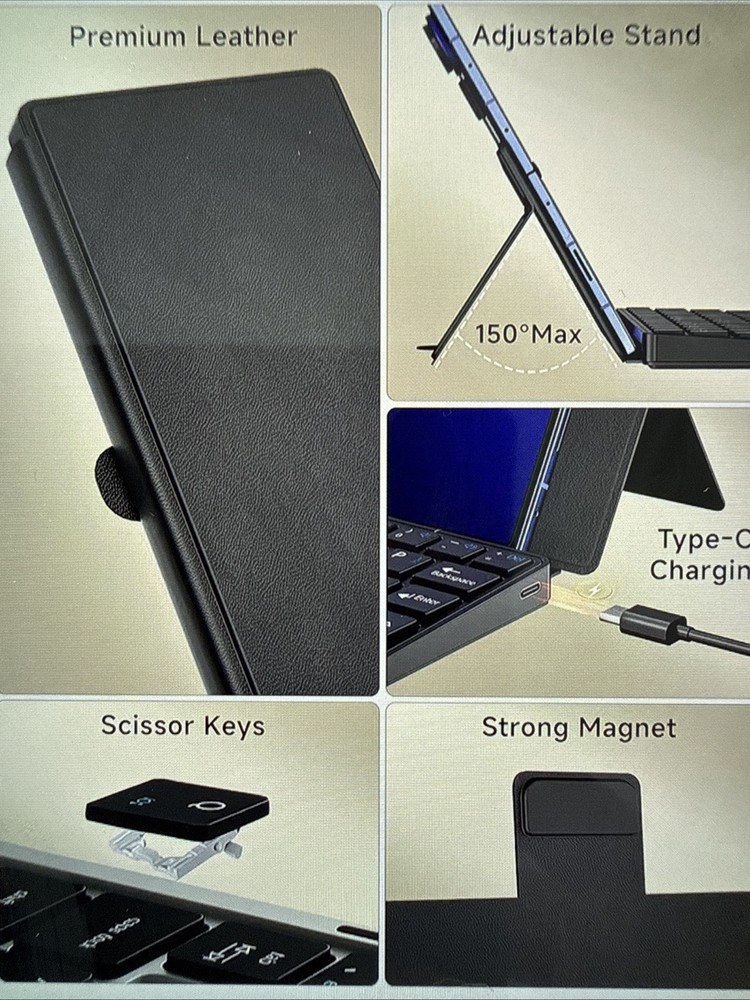 Ultra-Compact Keyboard & Mouse, Android/iOS, Dual-Bluetooth, Kickstand, Leather