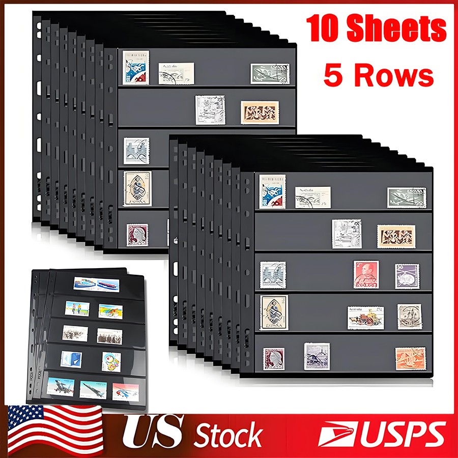 Stamp Pages for Stamp Album Binder, 10 Sheet, 5 Rows Pages for Stamp Collectors