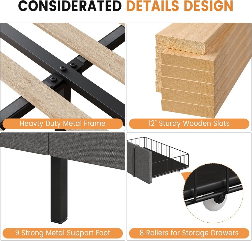 🔵Modern Upholstered Queen Size Bed Frame with Button Tufted Headboard Drawers