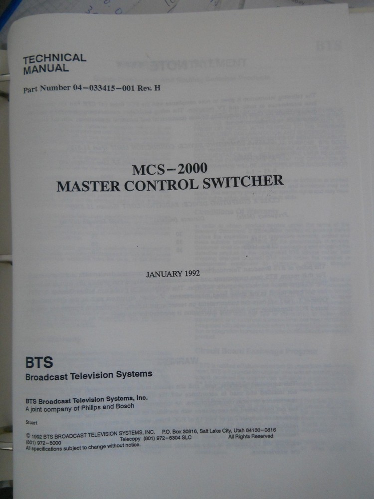 BTS MCS-2000 Master Control Switcher Technical Manual with Schematics & Drawings