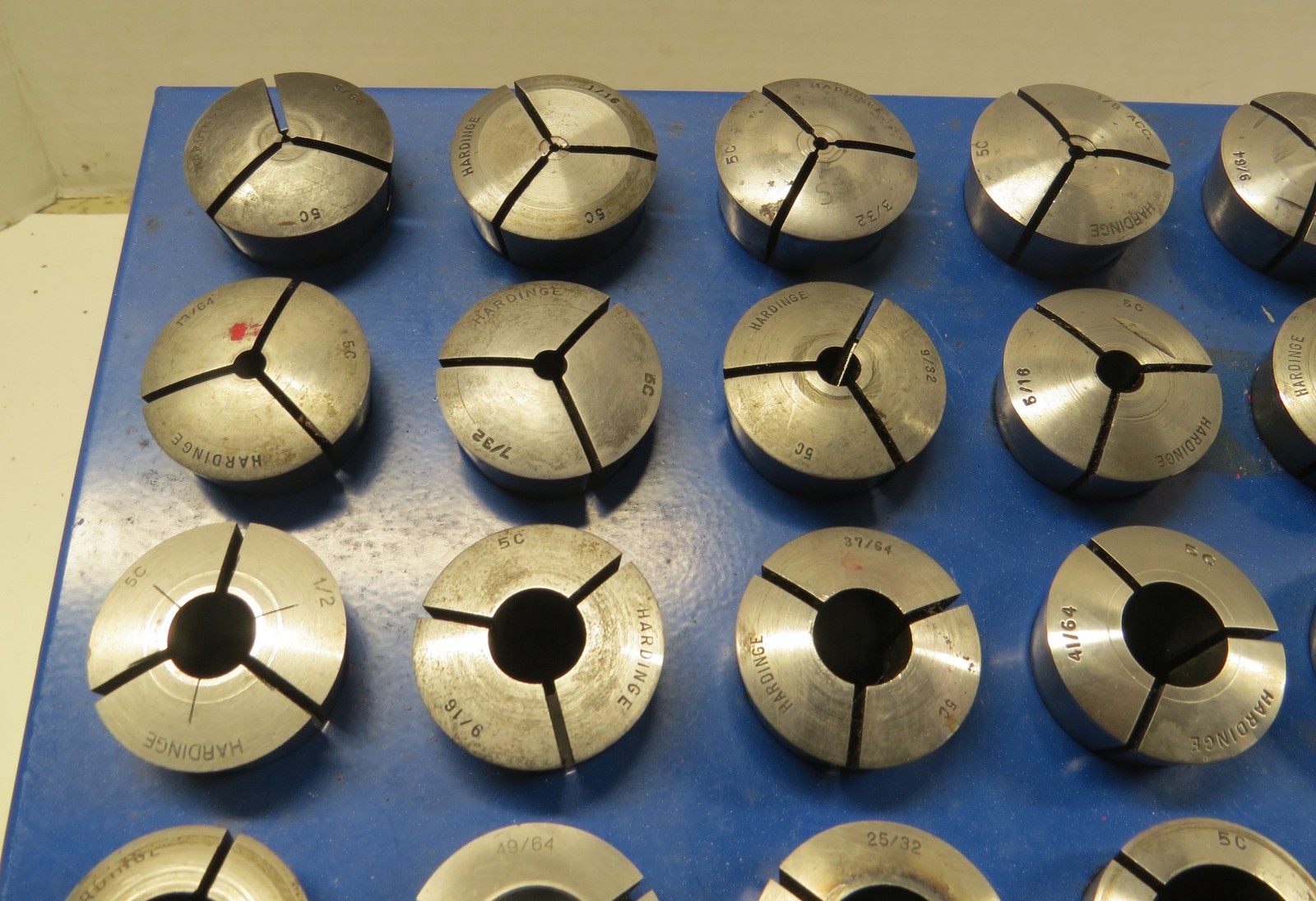 HARDINGE 5C COLLETS - 30 SIZES - 3/32" TO 1-1/16" + RACK + STOPS - LOT #H30-1