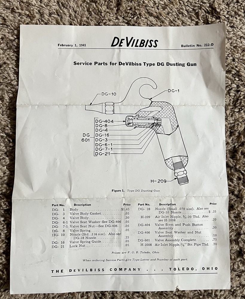 1941 DeVilbiss Dusting Gun Data Sheets WW2 Clean To Paint Boeing Airplanes