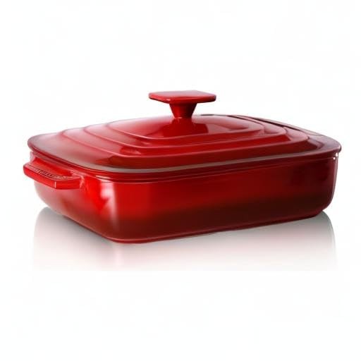 Lareina 4 Qt Ceramic Casserole Dish w/ Lid, Red Deep Rectangular Stoneware
