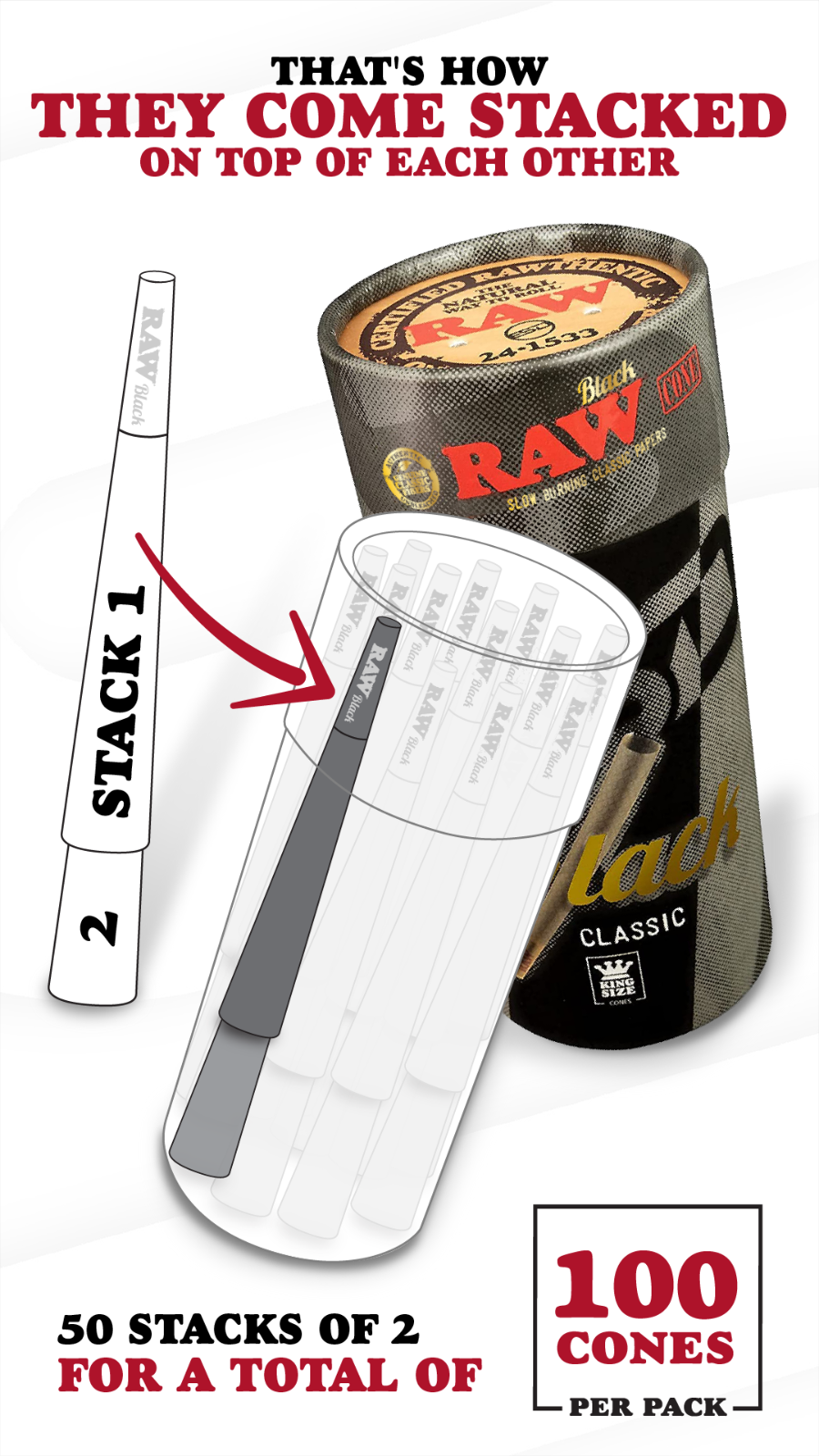 RAW Cones Classic Black King Size | 100 Pack | Natural Pre Rolled Rolling Paper