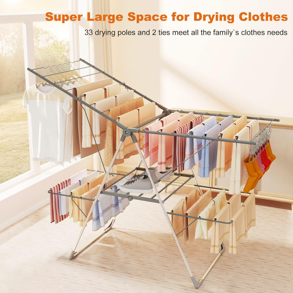 Clothes Drying Rack Foldable 2-Level Stainless Steel Portable Laundry Rack