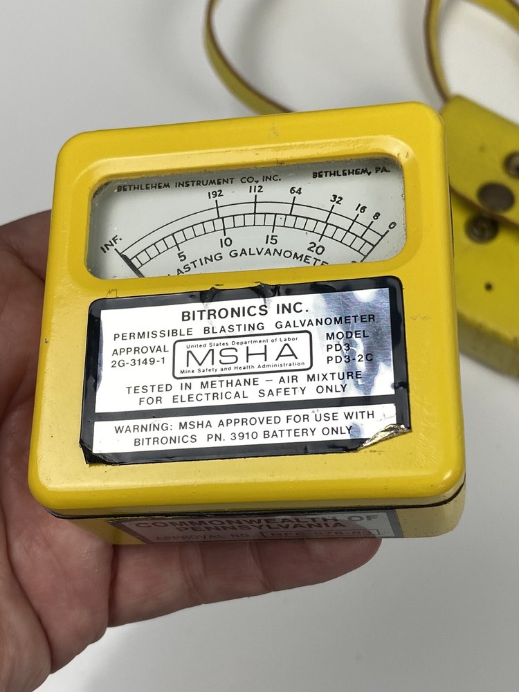 Vtg Yellow Bitronics PD3 +leather case-Blasting Galvanometer-Pennsylvania Mining