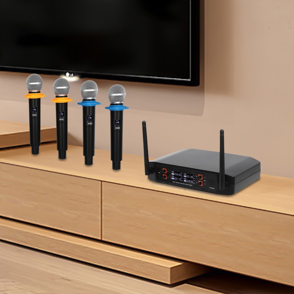 Pro 4 Channel UHF Wireless Audio Microphone Cordless Handheld Mic System Party