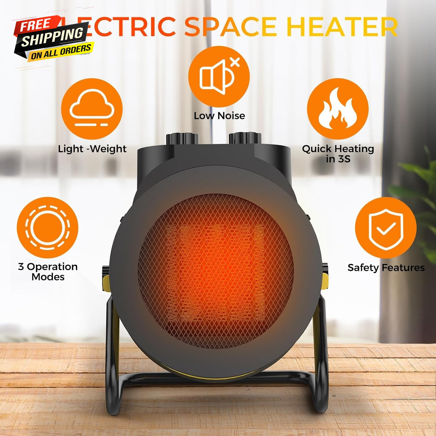 Space Heaters for Indoor Use, 1500W PTC Electric Heater (Yellow) ✅