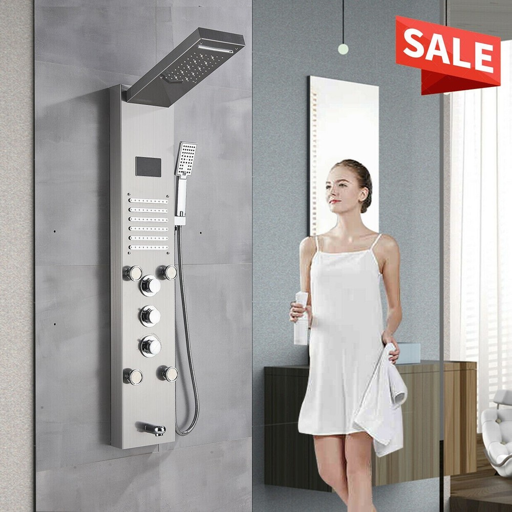 Shower Panel Tower System Brushed LED Rainfall Waterfall Massage Jets Body Tap