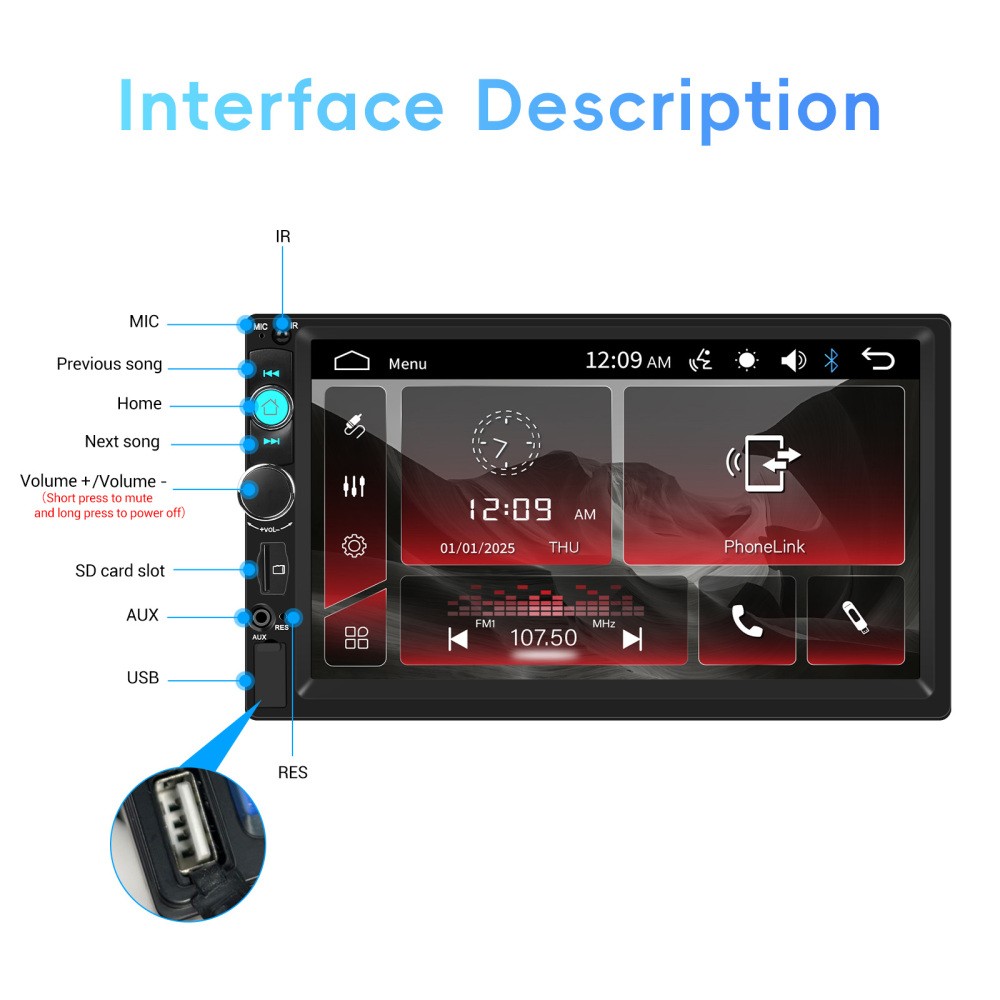 7" Double 2 DIN Car MP5 Player Bluetooth Touch Screen Stereo Radio With Camera