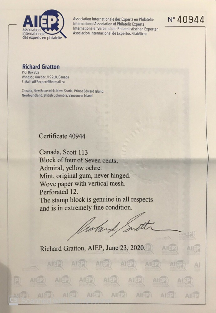Canada #113 Extra Fine Never Hinged Block **With Certificate**